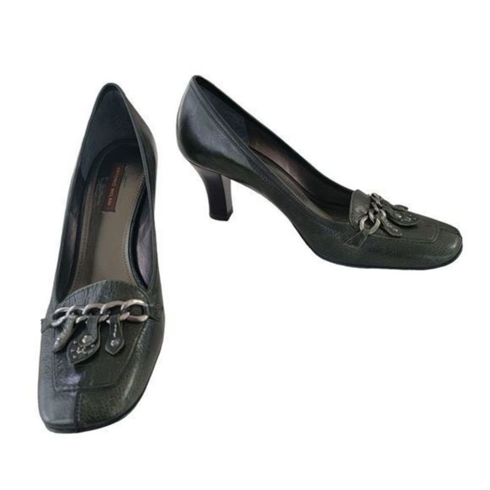 Antonio Melani olive green leather heels‎ 3 inches square toe silver size 8.5